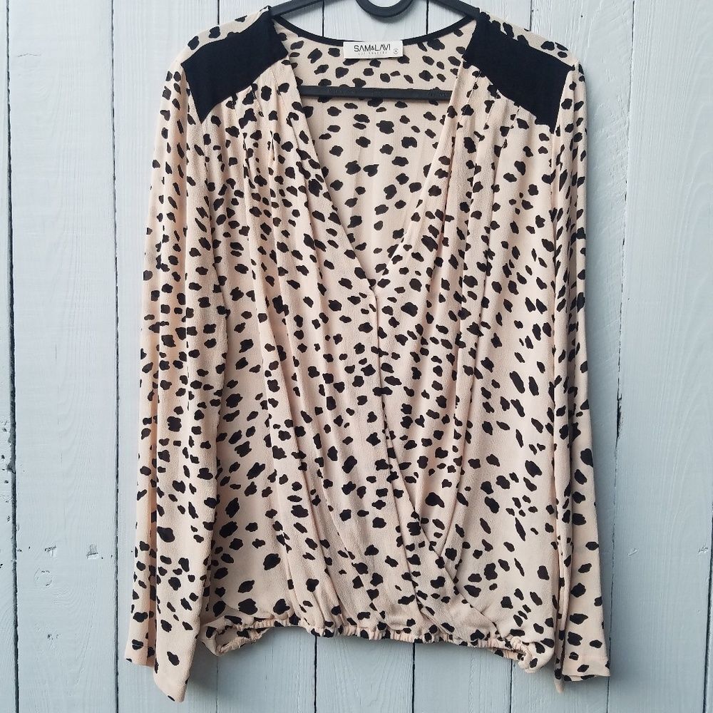 SAM & LAVI Blouse Top Beige Black Long Sleeve